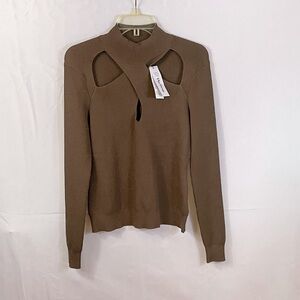 The Drop Cutout Mock Neck Long Sleeve Brown Ribbed Sweater Size Large Stretchy